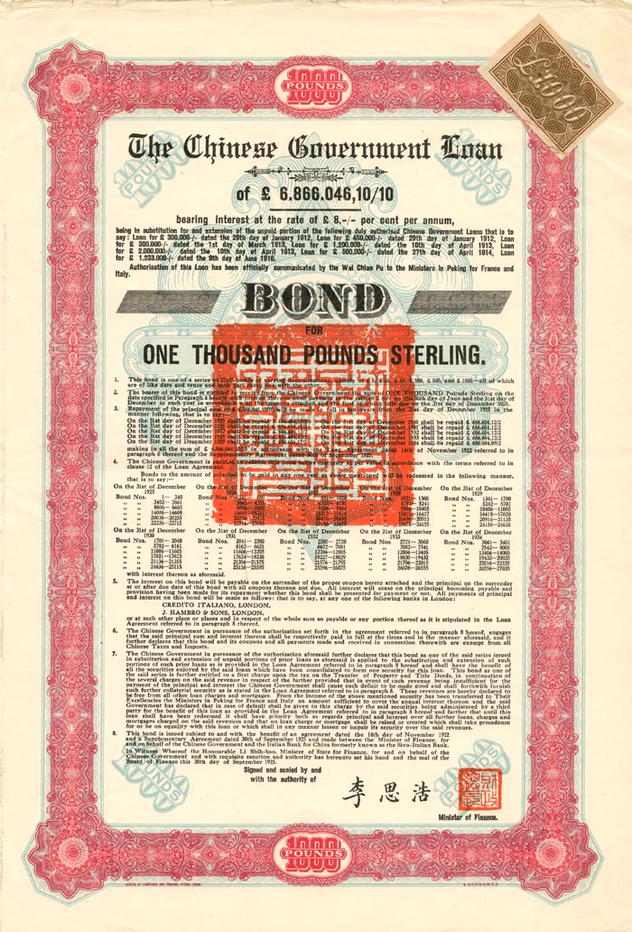 £1,000 Chinese Government Skoda Loan II 1925 bearing 8% Interest Bond - China Uncanceled Bond